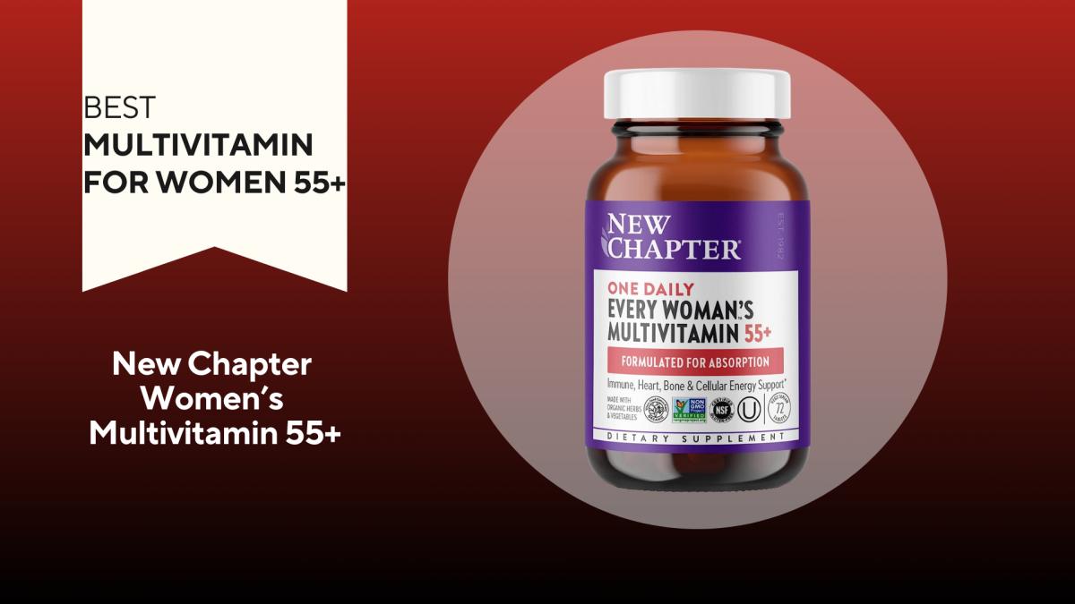 A red and black background with a white banner that reads Best Multivitamin for Women 55+ beside a bottle of New Chapter One Daily Every Woman's Multivitamin 55+